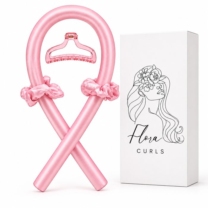 Pink satin heatless curling set with Flora Curls packaging