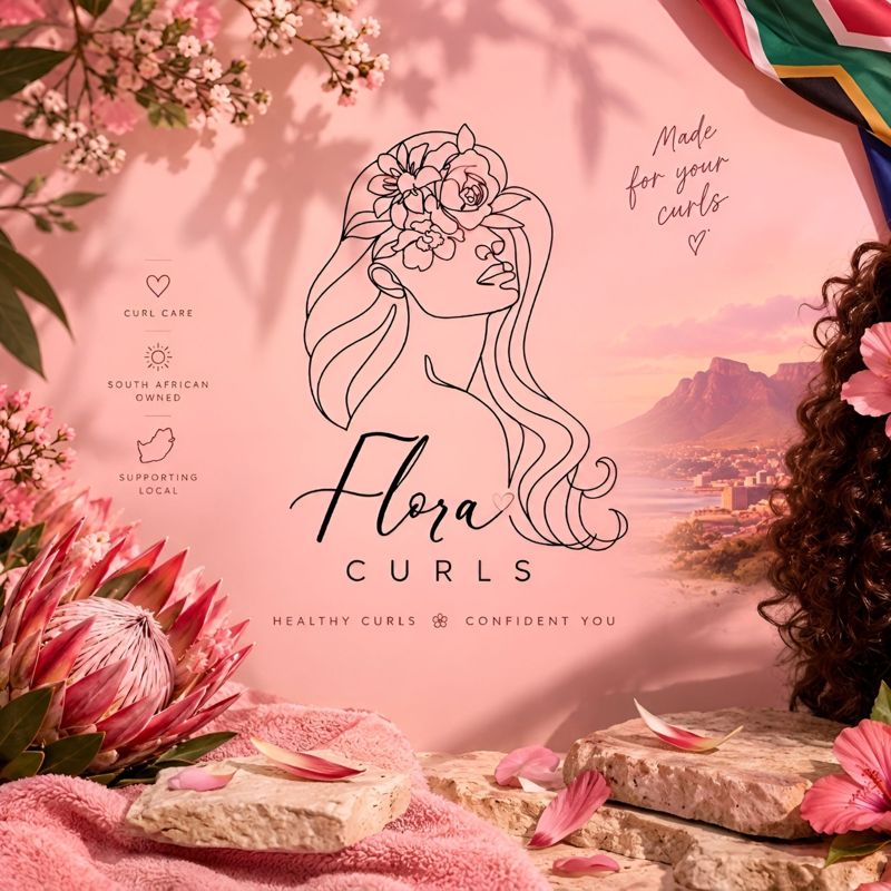 Flora Curls brand illustration with protea flowers and Table Mountain
